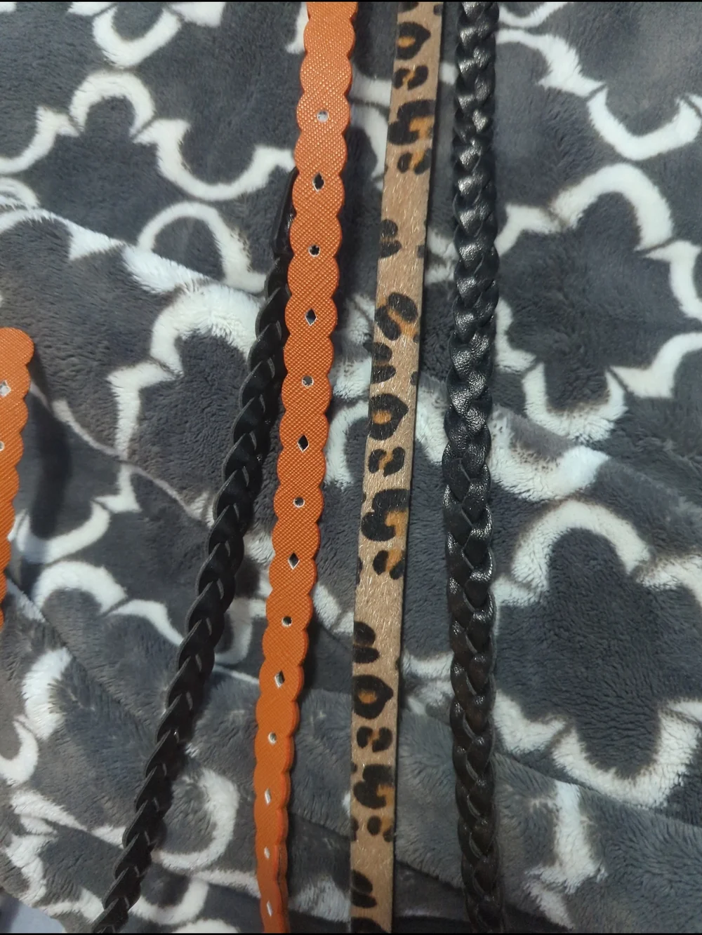 Set of Thin Leather Braided and Scalloped Belts in Black and Cognac